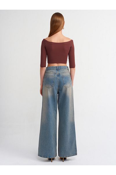 Dilvin 71468 Pantaloni largi din denim cu talie înaltă-albastru