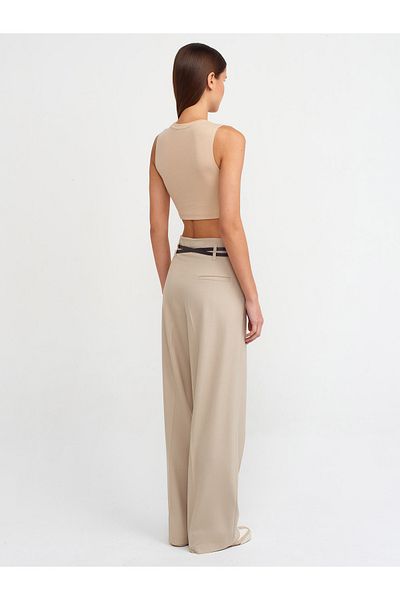 Dilvin 71260 Belted High Waist Trousers-Stone
