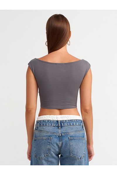 Dilvin 20869 Smoked Boat Neck Crop Top