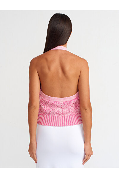 Dilvin 60234 Halter Yaka Düğmeli Triko Yelek-Pembe