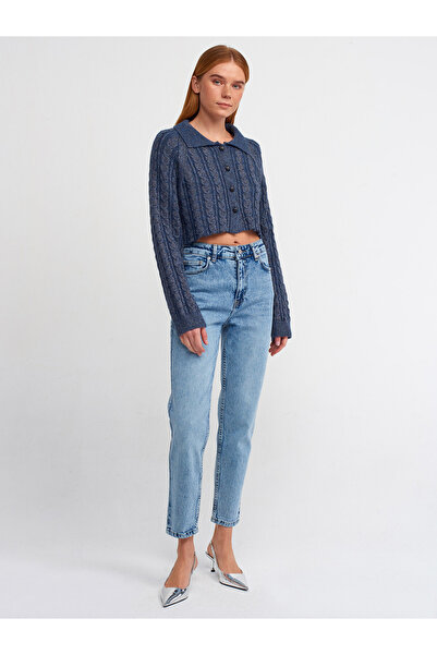 Dilvin 60203 Πόλο λαιμόκοψη με κουμπιά Glitter Crop Knitwear Cardigan-Indigo-S.