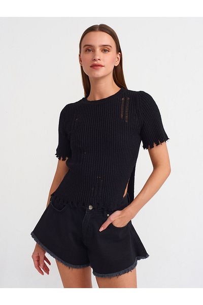 Dilvin 10555 Black Knitwear Sweater - Crew Neck and Ripped Detail