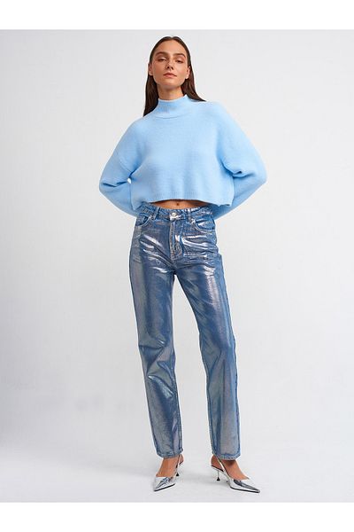 Dilvin 10483 Pulover crop cu guler cu textura moale-albastru