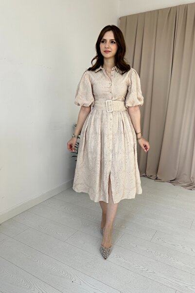 HELİS BUTİK Μπεζ Κέντημα Φόρεμα - Μανίκι με μπαλόνι και ζώνη με πιέτες