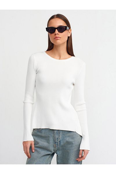 Dilvin Ecru Color Ribbed Low-Cut Stone Knitwear 10530