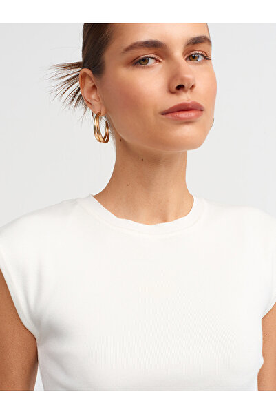 Dilvin 10525 Crew Neck Short Sleeve Knitwear Top-Ecru