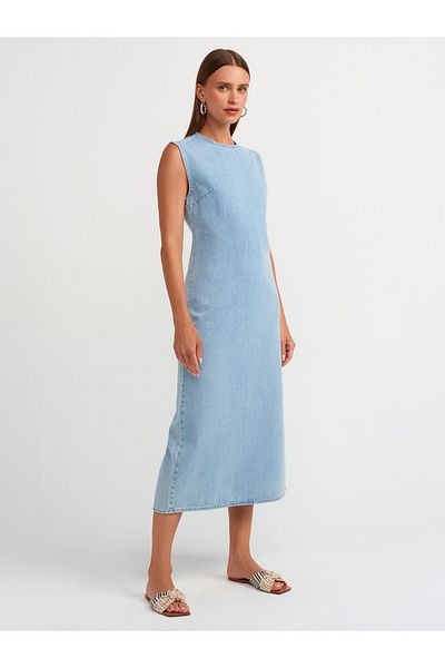 Dilvin 90537 Blue Midi Denim Dress