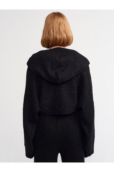 Dilvin 10459 Pulover crop tricotat de păr cu glugă cu mâneci kimono-negru