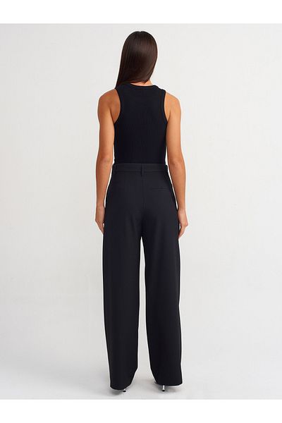 Dilvin 71308 Black High Waist Pleat Detailed Trousers