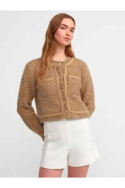 Dilvin 60205 Buttoned Soft Textured Glittered Knitwear Jacket-beige-gold
