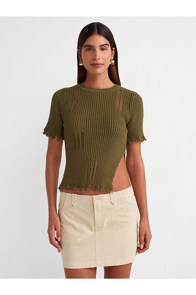 Dilvin 10555 Crew Neck Ripped Detailed Knitwear Sweater-Khaki