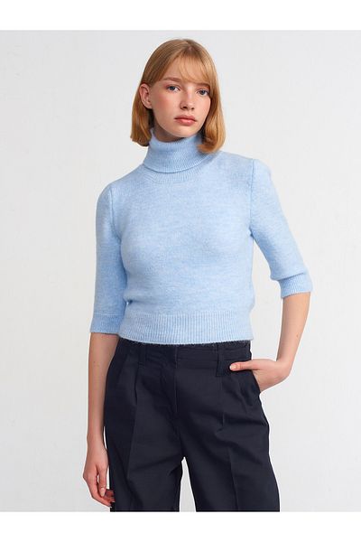 Dilvin 10306 Pulover crop cu mânecă scurtă cu gât-albastru
