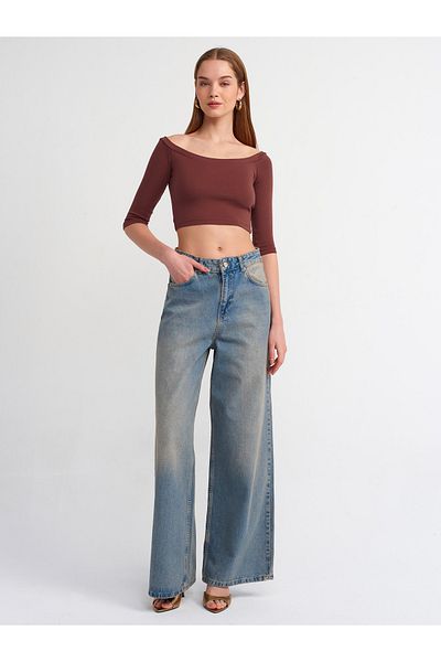 Dilvin 71468 Pantaloni largi din denim cu talie înaltă-albastru