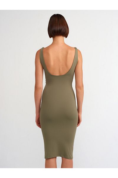 Dilvin Model 91200 - Rochie midi kaki poliamidă cu decolteu în U