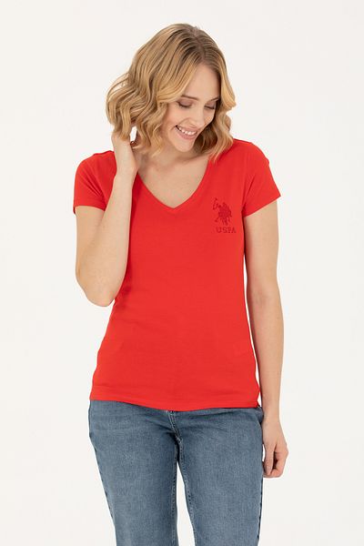 U.S. Polo Assn. Tricou roșu de bază cu decolteu în V pentru femei 50263976 -VR030