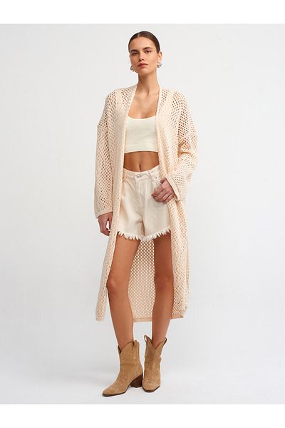 Dilvin 60227 Tricotaj ajurat cu mâneci kimono Cardigan-Natural