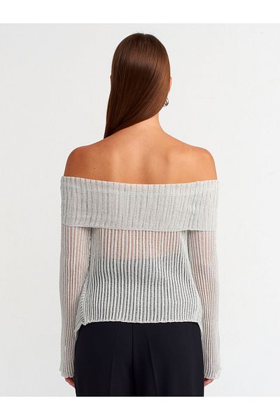 Dilvin 10585 Model - Light Gray Bardot Collar Transparent Knitwear Sweater