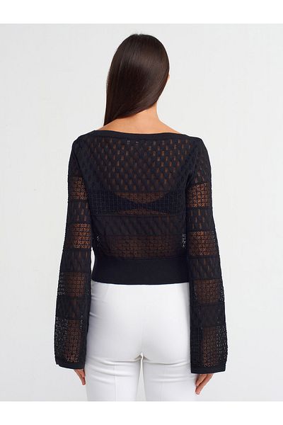 Dilvin Model 10587 - Pulover Crop Negru cu Gât Barcă