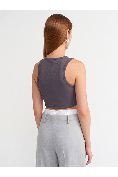 Dilvin 20820 Crop Top with Stitching Effect-Smoked