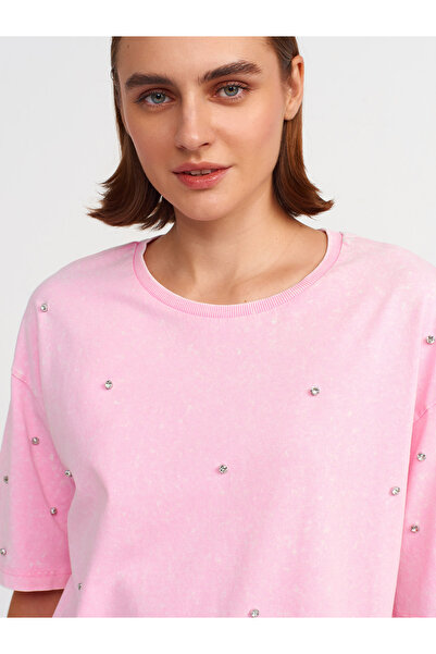 Dilvin 31150 Jasnoróżowa koszulka z efektem sprania i zdobieniami Jewelled