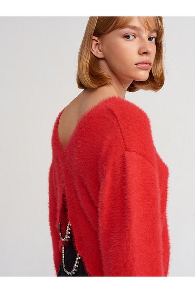 Dilvin 10461 V-Neck Low-cut Jewelled Sweater-Red