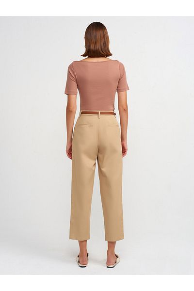 Dilvin 71538 Belted 100% Cotton Trousers-Camel