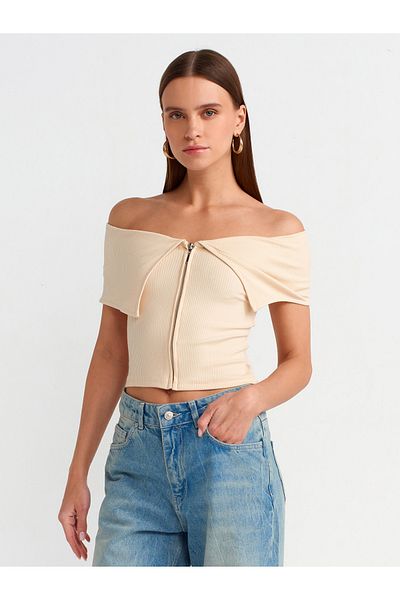 Dilvin 30748 Umeri Deschiși Fermoar Detaliat Top-Bej