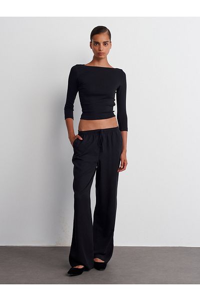 Dilvin 71536 Black Draped Waist Tied Trousers