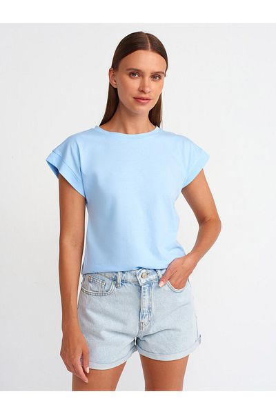 Dilvin Model 3504 - Tricou din bumbac albastru deschis cu decolteu rotund