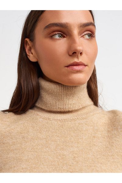 Dilvin 10306 Pulover crop cu mânecă scurtă cu gât-bej