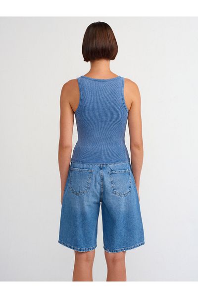 Dilvin 20840 Indigo Buttoned Tank Top with Washing Effect