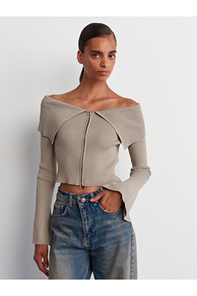 Dilvin 60252 Модел Минк плетен кардиган - деколте Бардо и цип