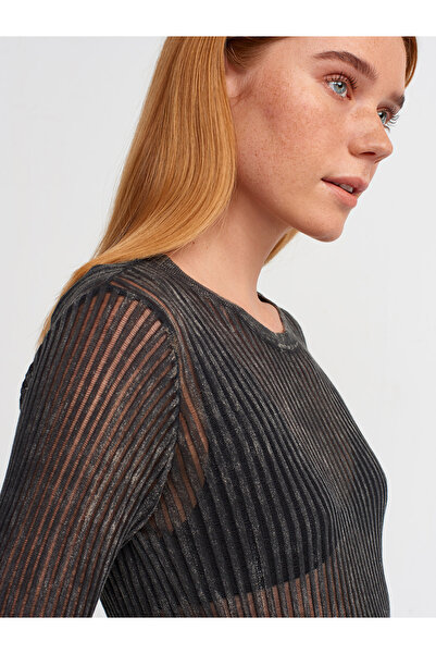 Dilvin 10478 Pale Effect Crew Neck Transparent Sweater-Smoked