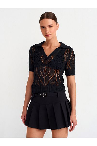 Dilvin 10565 Pulover tricotaj ajurat cu gât polo-negru