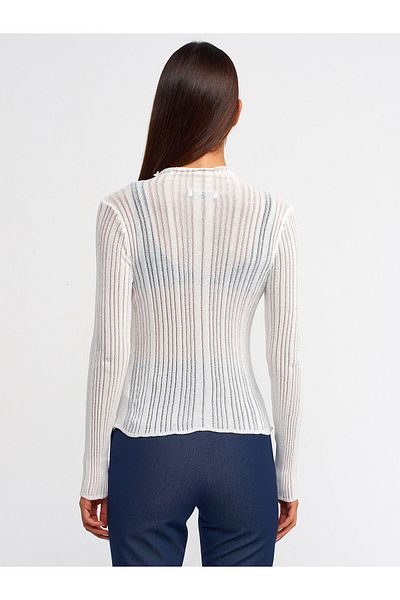 Dilvin 10497 High Collar Ribbed Transparent Sweater-Ecru
