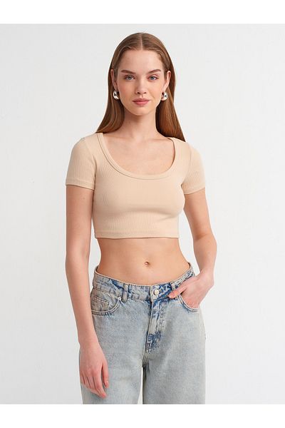Dilvin 30876 Crop Top cu mânecă scurtă-Bej deschis