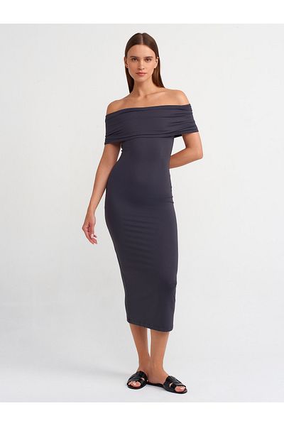 Dilvin 91109 Anthracite Midi Φόρεμα - Σχέδιο Off-the-Shoulder