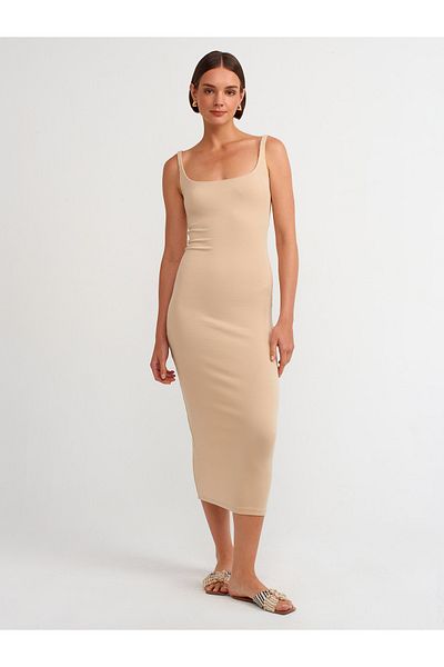 Dilvin Model 91172 - Rochie Midi Bej Deschis Guler Patrat