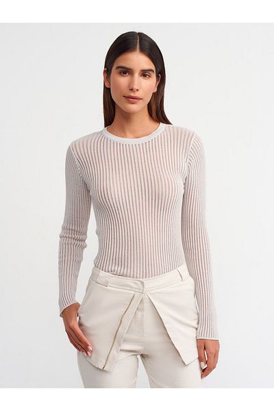 Dilvin 10355 Crew Neck Transparent Sweater-grey