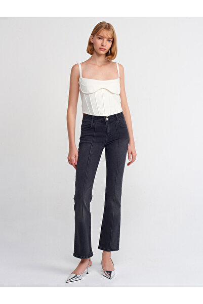 Dilvin 71371 Ribbed Stitched Black Denim Trousers-Black