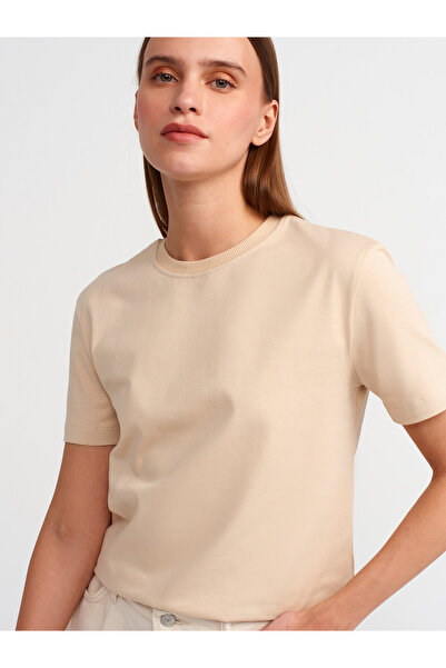 Dilvin 31069 Ανοιχτό μπεζ βαμβακερό μπλουζάκι με λαιμόκοψη