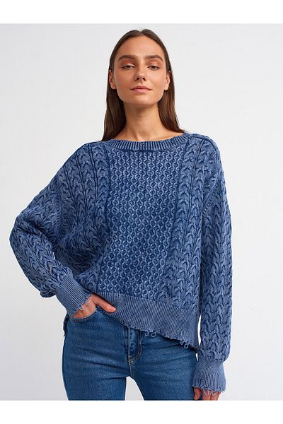 Dilvin 10477 Pulover cu decolteu rotund cu efect decolorat-Indigo