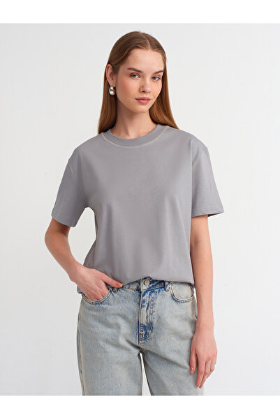 Dilvin 30312 Decorative Stitched Crew Neck T-Shirt-Grey