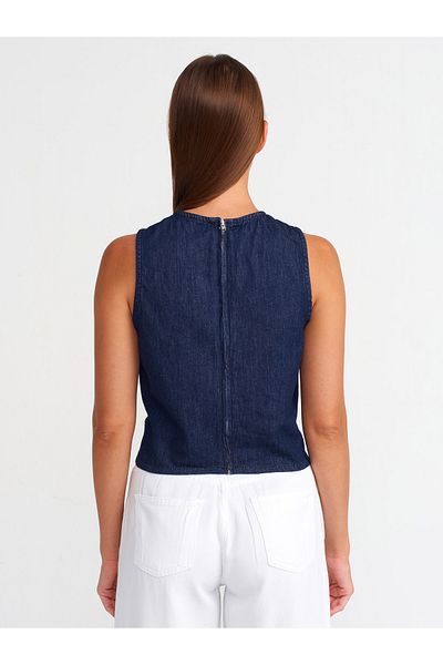 Dilvin 50733 Asymmetric Denim Blouse - Navy Blue