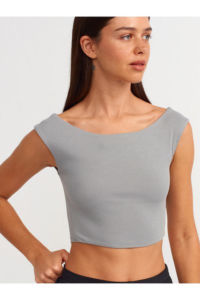 Dilvin 20869 Model - Gray Boat Neck Crop Top