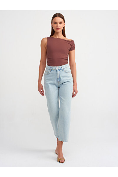 Dilvin 30977 Ασύμμετρη Μπλούζα Gathered - Καφέ