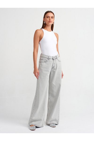 Dilvin 71492 Pantaloni gri lați din denim spălați cu zăpadă