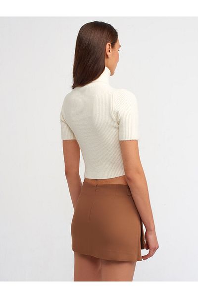 Dilvin 10487 Full Turtleneck Ribbed Short Sleeve Crop Sweater-ecru