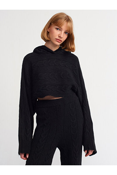Dilvin 10459 Kapşonlu Kimono Kol Saç Örgü Crop Kazak-siyah