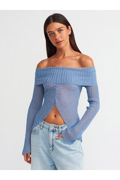 Dilvin 10585 Pulover Tricotaj Transparent Guler Bardot-Albastru